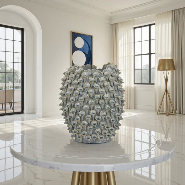 benzara Nina Decorative Bowl Light Blue Textured Coral Gray Ceramic 13 Inch -BM331047