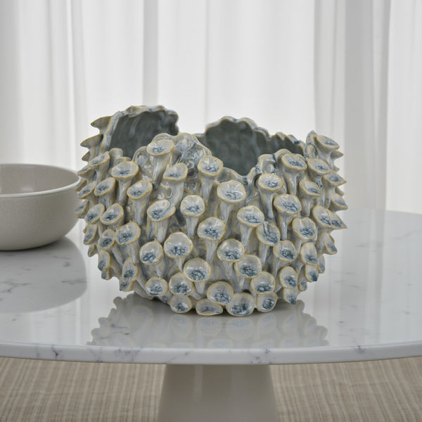 benzara Nina Decorative Bowl Light Blue Textured Coral Gray Ceramic 11 Inch -BM331046