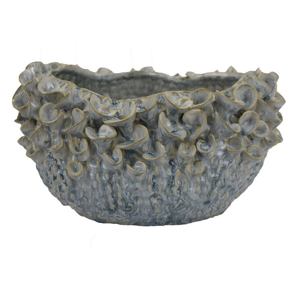 Benzara Nina Decorative Bowl Light Blue Textured Floral Gray Ceramic 13 Inch -BM331049
