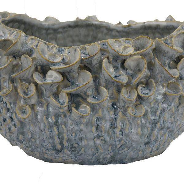 Benzara Nina Decorative Bowl Light Blue Textured Floral Gray Ceramic 13 Inch -BM331049
