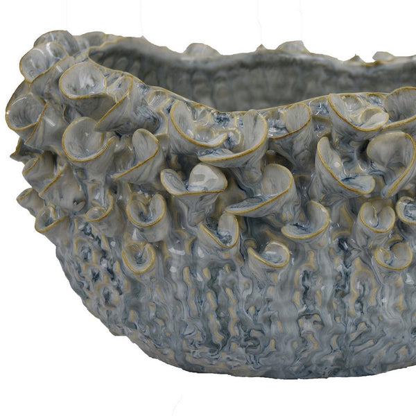 Benzara Nina Decorative Bowl Light Blue Textured Floral Gray Ceramic 13 Inch -BM331049