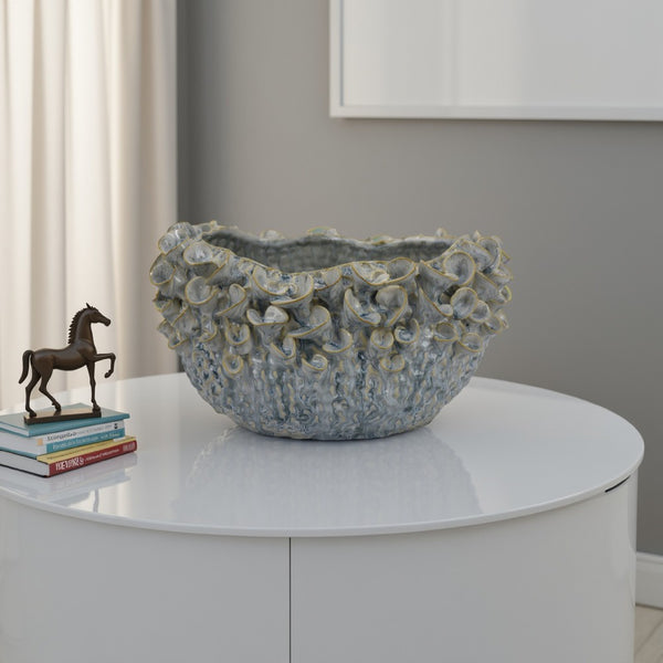 benzara Nina Decorative Bowl Light Blue Textured Floral Gray Ceramic 13 Inch -BM331049