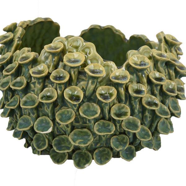 Benzara Nina Decorative Bowl Textured Green Ceramic Abstract Coral 11 Inch -BM331051