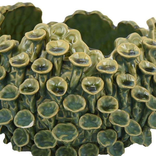 Benzara Nina Decorative Bowl Textured Green Ceramic Abstract Coral 11 Inch -BM331051