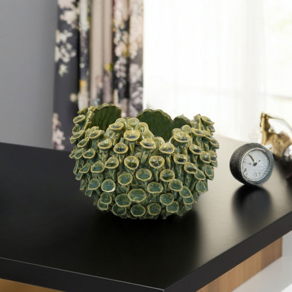 benzara Nina Decorative Bowl Textured Green Ceramic Abstract Coral 11 Inch -BM331051