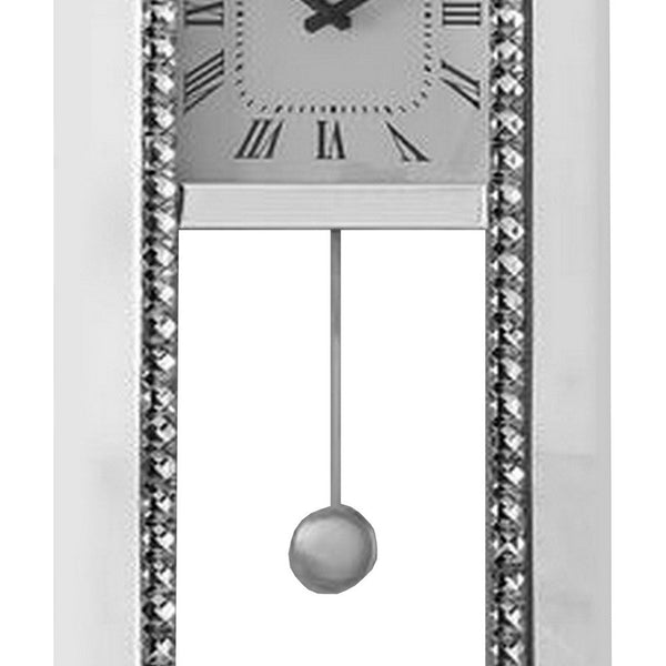 Benzara Noe 30 Inch Wall Clock Crystal Diamond Inlaid Trim Pendulum White - BM275471