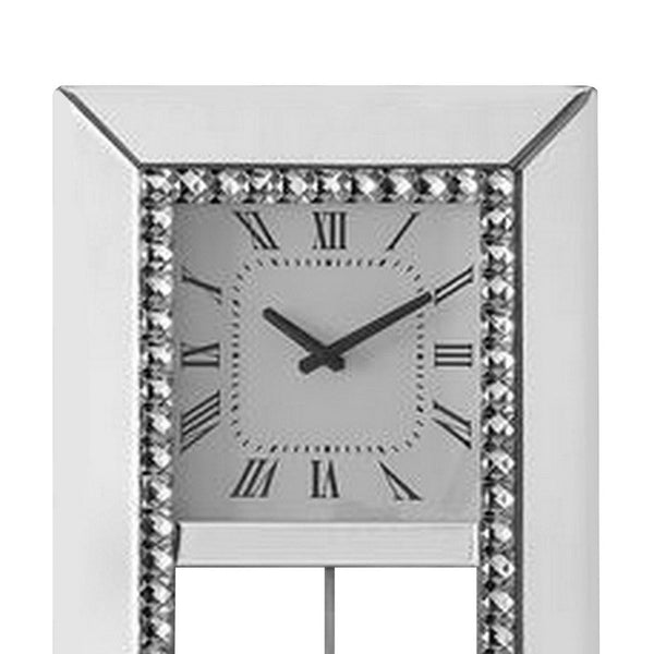 Benzara Noe 30 Inch Wall Clock Crystal Diamond Inlaid Trim Pendulum White - BM275471