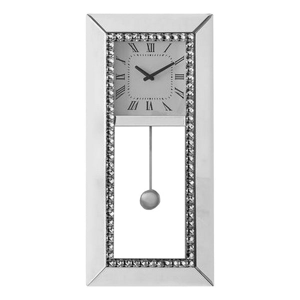 benzara Noe 30 Inch Wall Clock Crystal Diamond Inlaid Trim Pendulum White - BM275471