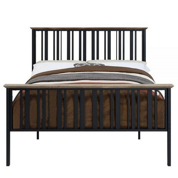 Benzara Nori Full Bed With Slatted Metal Frame MDF Wood Oak Brown And Black - BM309435