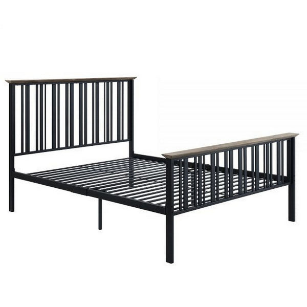 benzara Nori Full Bed with Slatted Metal Frame MDF Wood Oak Brown and Black - BM309435