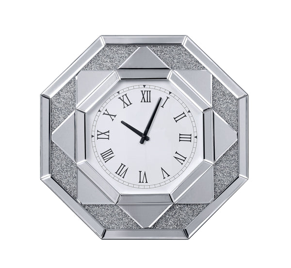 benzara Octagonal Shaped Mirrored Frame Wall Clock with Faux Crystal Inlay Silver - BM196013