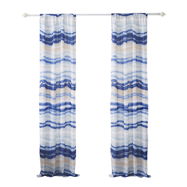 Benzara Oda 84 Inch Window Curtains Microfiber Polyester Blue Ocean Wave Print - BM294294