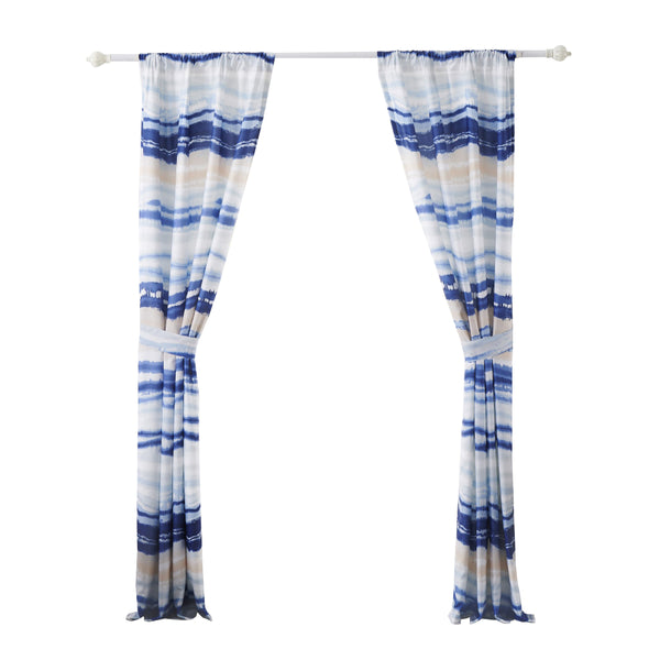 Benzara Oda 84 Inch Window Curtains Microfiber Polyester Blue Ocean Wave Print - BM294294