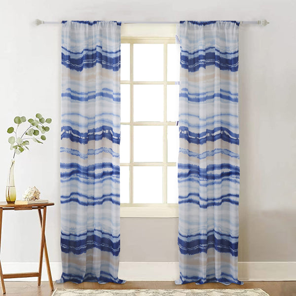 benzara Oda 84 Inch Window Curtains Microfiber Polyester Blue Ocean Wave Print - BM294294