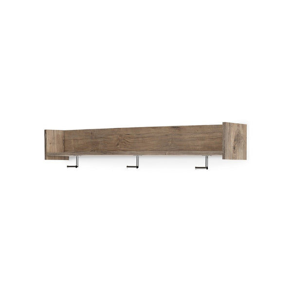 Benzara Olia Wall Mounted Coat Rack 3 Hooks And Shelf Light Dry Brown Wood -BM330031