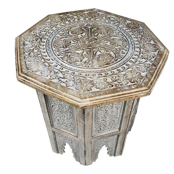 Benzara Olta 18 Inch Handcrafted Farmhouse Side Table Engraved Carved Design Mango Wood Octagonal Top Antique Brown - UPT-248136