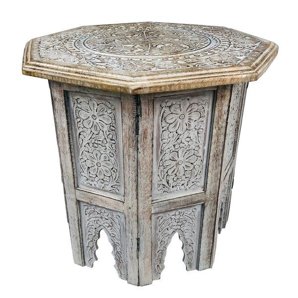 Benzara Olta 18 Inch Handcrafted Farmhouse Side Table Engraved Carved Design Mango Wood Octagonal Top Antique Brown - UPT-248136