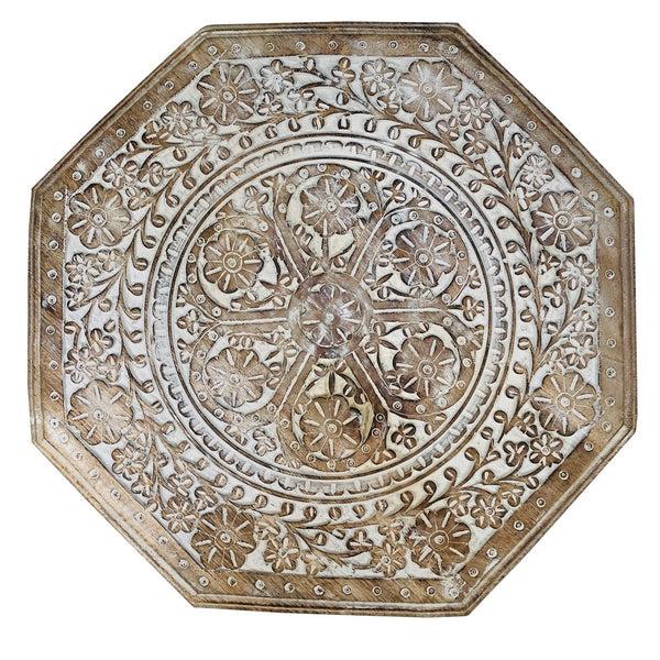 Benzara Olta 18 Inch Handcrafted Farmhouse Side Table Engraved Carved Design Mango Wood Octagonal Top Antique Brown - UPT-248136
