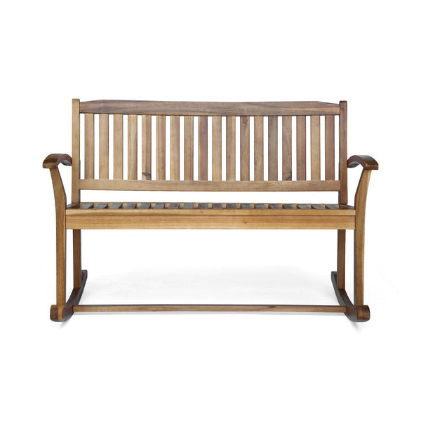 Benzara Outdoor Rocking Loveseat Bench 50 Inch Natural Brown Acacia Wood -BM325986