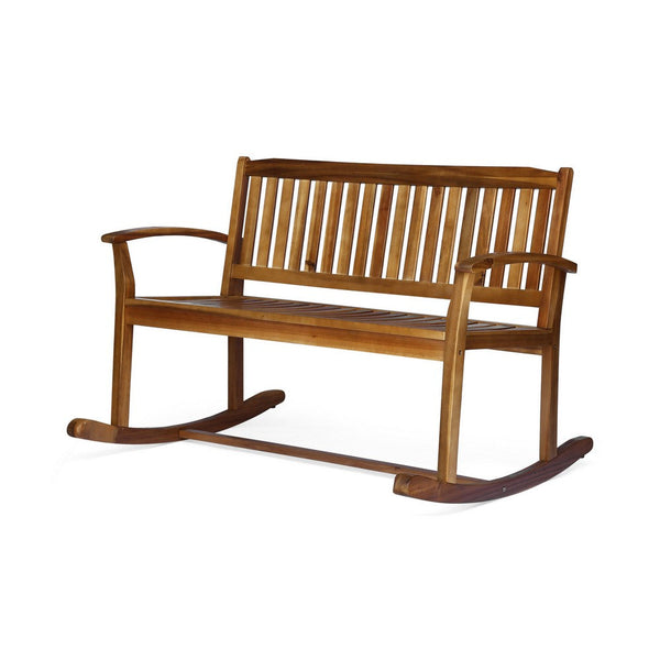 benzara Outdoor Rocking Loveseat Bench 50 Inch Natural Brown Acacia Wood -BM325986