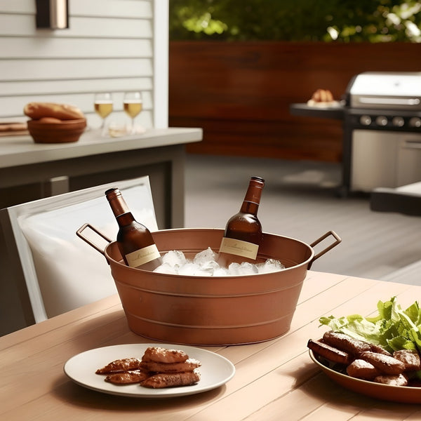 Benzara Oval Shape Hammered Texture Metal Tub With 2 Side Handles Copper - BM195214