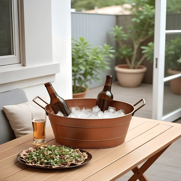 Benzara Oval Shape Hammered Texture Metal Tub With 2 Side Handles Copper - BM195214