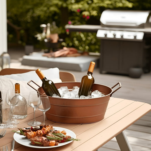 benzara Oval Shape Hammered texture Metal Tub with 2 Side Handles Copper - BM195214