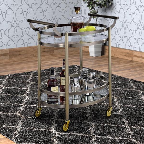 benzara Oval Shaped Metal Serving Cart with 2 Shelves Silver - BM158855