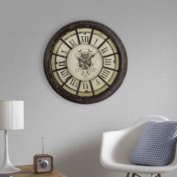 benzara Oversized Wood and Metal Wall Clock with Distressed Details Antique Gray and Cream - BM196307