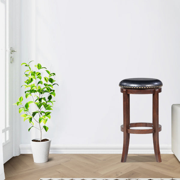 benzara Ovi 29 Inch Swivel Bar Stool Nailhead Trim Walnut Brown Faux Leather - BM299369