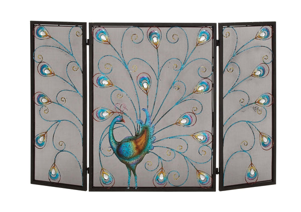 Benzara Peacock Theme Metal 3 Panel Mesh Fireplace Screen Multicolor - BM04366