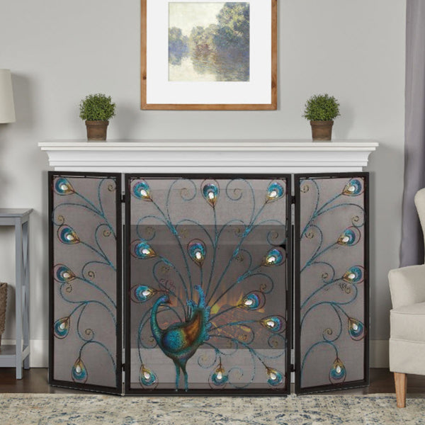 benzara Peacock Theme Metal 3 Panel Mesh Fireplace Screen Multicolor - BM04366