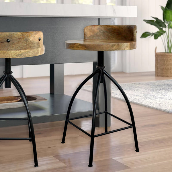 benzara Pia 25-31 Inch Industrial Style Counter Height Stool with Adjustable Swivel Seat Brown Black- UPT-165867