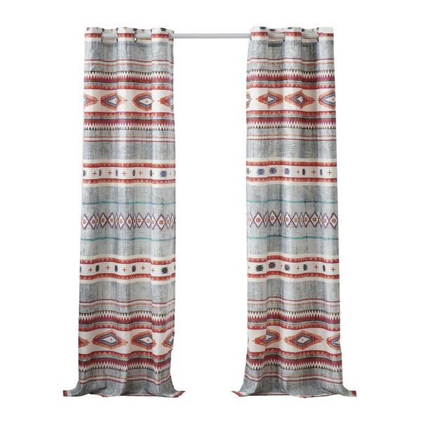 benzara Pimi 2 Panel Curtain Set Boho Stripes Red White Gray Microfiber -BM332765