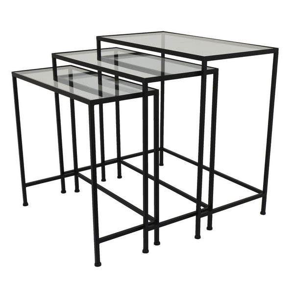Benzara Pix Nesting Plant Stand Table Set Of 3 Black Metal Rectangular Glass -BM330984