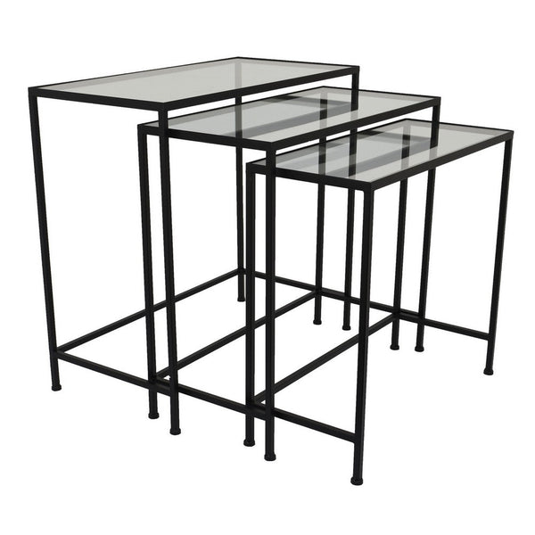 Benzara Pix Nesting Plant Stand Table Set Of 3 Black Metal Rectangular Glass -BM330984