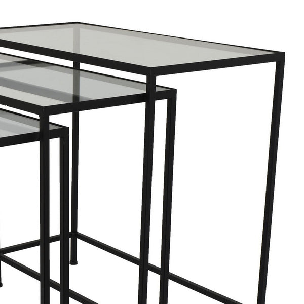 Benzara Pix Nesting Plant Stand Table Set Of 3 Black Metal Rectangular Glass -BM330984