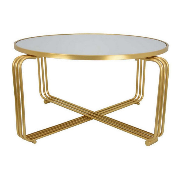 Benzara Plant Stand Coffee Table 37 Inch Round Mirror Top Modern Gold Metal -BM331004