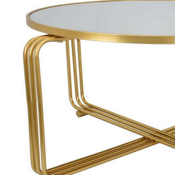 Benzara Plant Stand Coffee Table 37 Inch Round Mirror Top Modern Gold Metal -BM331004