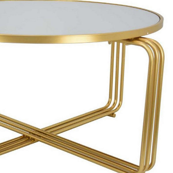 Benzara Plant Stand Coffee Table 37 Inch Round Mirror Top Modern Gold Metal -BM331004