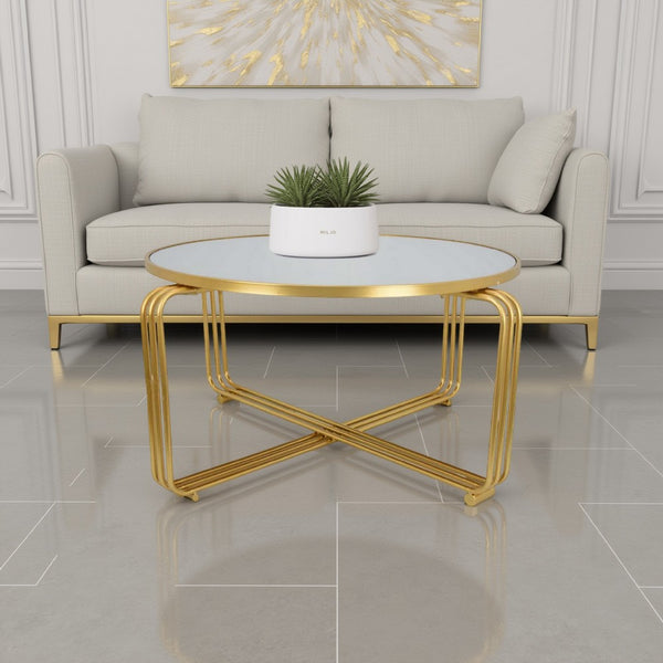 benzara Plant Stand Coffee Table 37 Inch Round Mirror Top Modern Gold Metal -BM331004