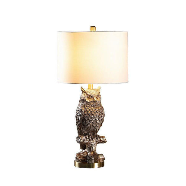 Benzara Polyresin Sitting Owl Design Table Lamp With Round Base Silver - BM233933