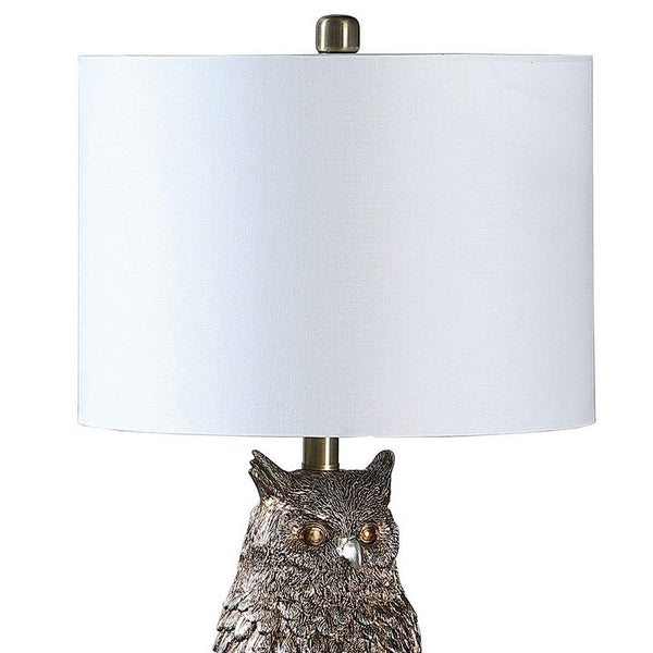 Benzara Polyresin Sitting Owl Design Table Lamp With Round Base Silver - BM233933