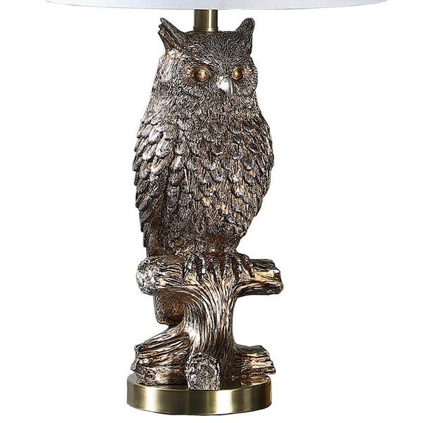 Benzara Polyresin Sitting Owl Design Table Lamp With Round Base Silver - BM233933