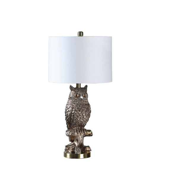 benzara Polyresin Sitting Owl Design Table Lamp with Round Base Silver - BM233933