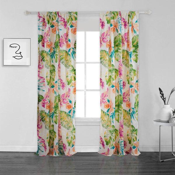 Benzara Porto 84 Inch Panel Window Curtains Tropical Palm Leaves Green And Blue - BM293462