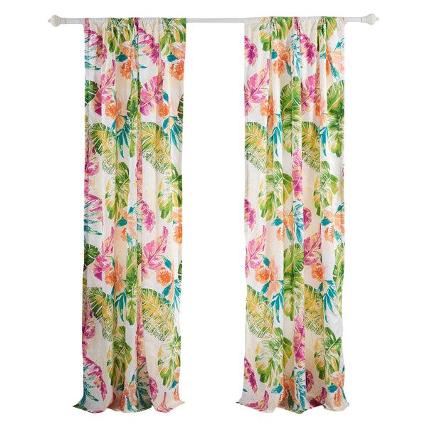 Benzara Porto 84 Inch Panel Window Curtains Tropical Palm Leaves Green And Blue - BM293462