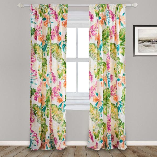 benzara Porto 84 Inch Panel Window Curtains Tropical Palm Leaves Green and Blue - BM293462