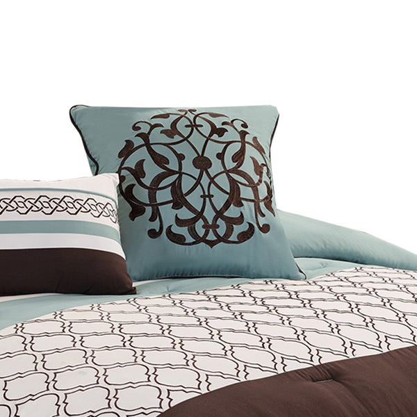 Benzara Quatrefoil King Size 8 Piece Fabric Comforter Set Brown And Blue - BM225203