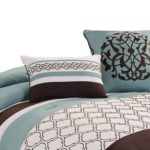 Benzara Quatrefoil King Size 8 Piece Fabric Comforter Set Brown And Blue - BM225203